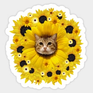 Sunflower Kitty With Many Yellow Flowers Surrounding Sticker